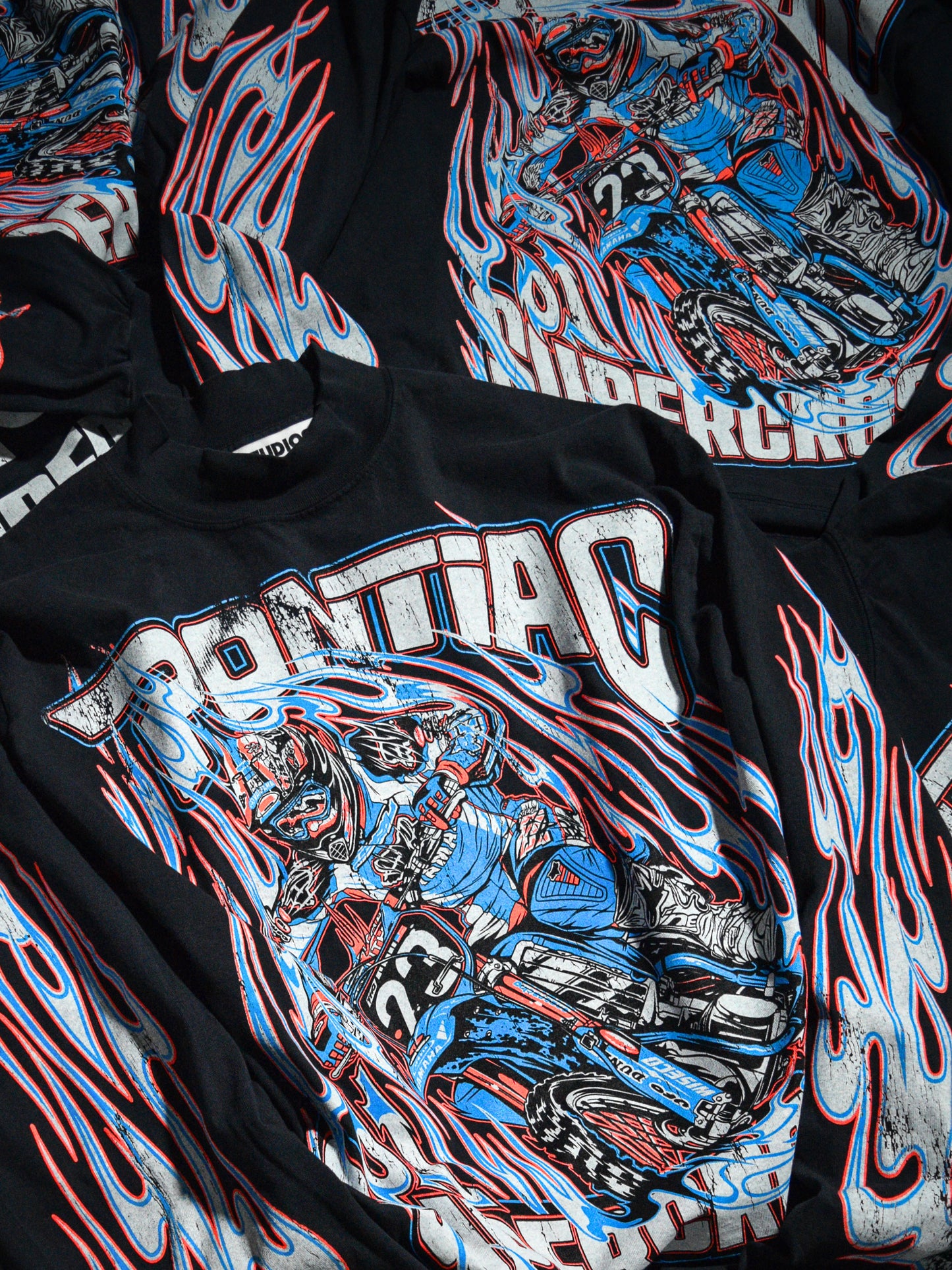 Dirt Studios® 2001 Pontiac Supercross Oversized Mock Neck Long Sleeve T-Shirt - Off-Black / Flo Orange
