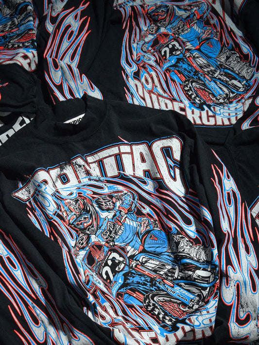 Dirt Studios® 2001 Pontiac Supercross Oversized Mock Neck Long Sleeve T-Shirt - Off-Black / Flo Orange
