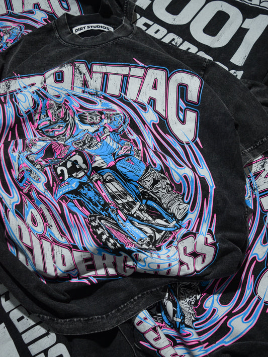 Dirt Studios® 2001 Pontiac Supercross T-Shirt - Mineral Wash Black / Flo Pink